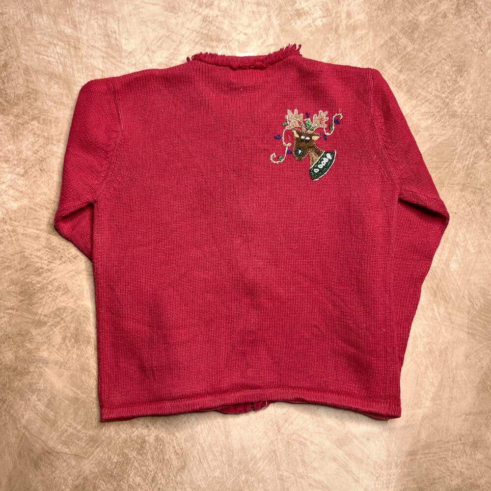 Vintage Y2K Reindeer Christmas Sweater Zip Red Beaded Knit Embroidered Holiday - Picture 3 of 8